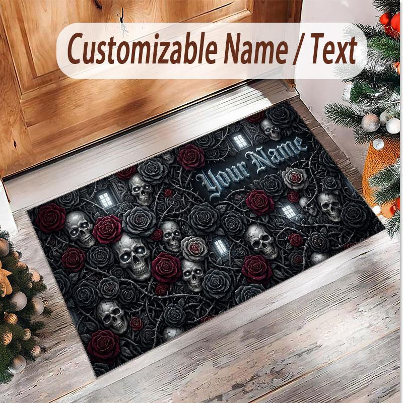 Skull Gothic Theme Soft Crystal Velvet Rug Custom Name & Text Print Non Slip Floor Rug for Bedroom Living Room