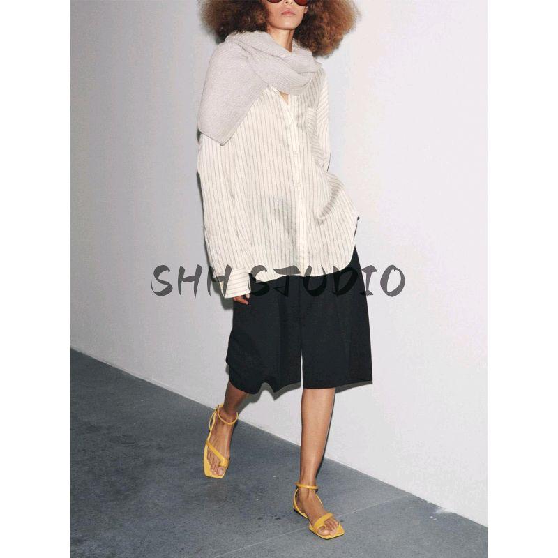 Autumn New Women Clothes French Style Minimalist Style Lapel Long Sleeve Single-Breasted Stripe Shirts Top 9479077