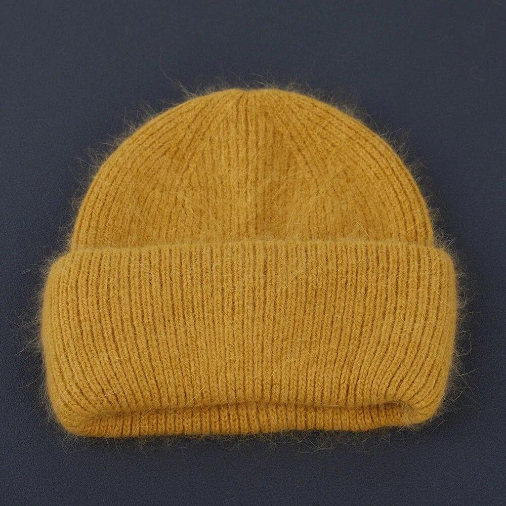 Winter Real Rabbit Fur Knitted Beanies For Women Fashion Solid Warm Cashmere Wool Skullies Beanies Female Fold Thick Hats