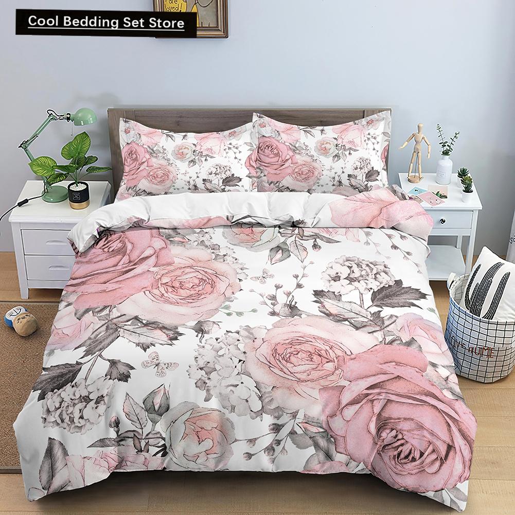 Floral King Queen Duvet Cover Fuchsia White Flower Bedding Set for Girl Women Colorful Plant Leaves 2/3pcs Polyester Quilt Cover