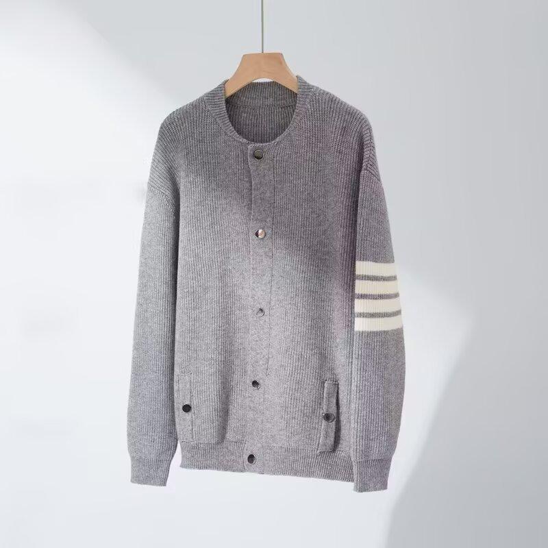 Grey Baseball Collar Knitted Sweater Jacket Men's Autumn and Winter Wear High-end Top Trendy Brand Loose Striped Cardigan Sweater