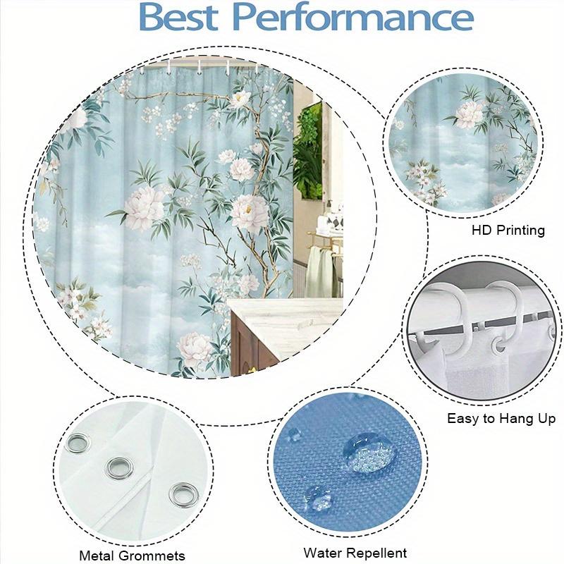 1Pc White Blossom Shower Curtain - Peonies & Floral Branches, Soft Cloudy Blue Sky, Chinese Ink Art, Polyester