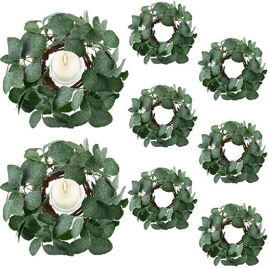 8 Pcs Candle Rings Artificial Eucalyptus Leaves Wreaths Candle Rings Wreaths Greenery Wreath Candle Rings for Pillars Boho Wreath Pillar