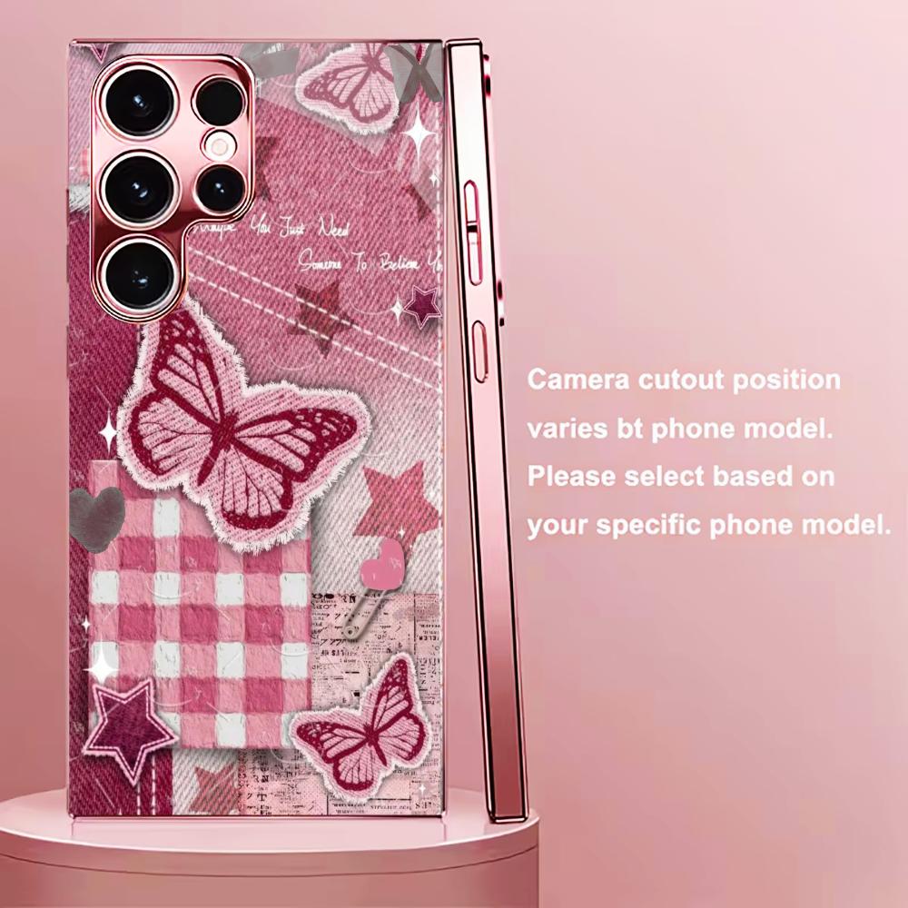 Star and Butterfly Pattern Madam Pink Glass PhoneCase for Samsung Galaxy S26 S25 S24 S23 S22 S21 FE Ultra Plus Dropresistant