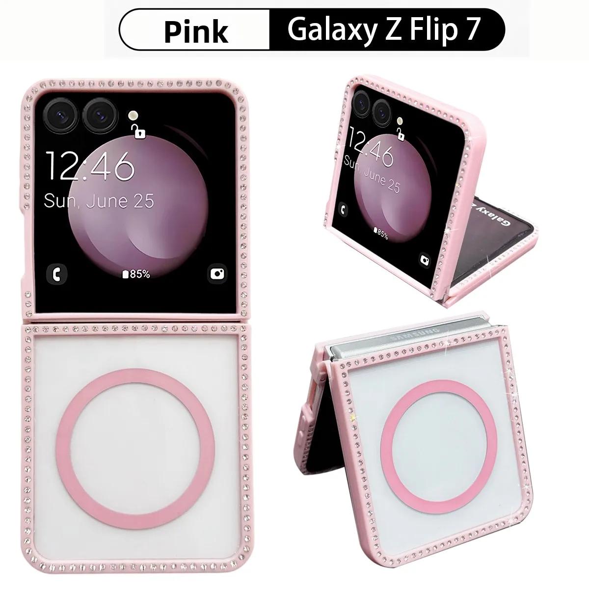 

Double Sided Diamond Magnetic PC Glitter Phone Case for Samsung Galaxy Z Flip 7 FE 6 5 4 3 Flip7 Flip6 Protective Cover Galaxy Z Flip7 рожевий