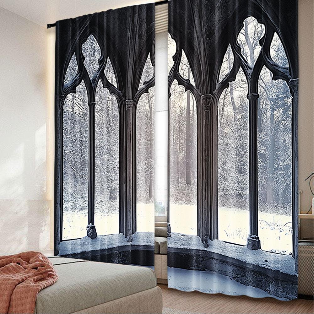 

Set Of 2 Industrial Curtain Old Large Window Broken Panes Deserted Hall Forest Trees Winter Suitable Bedroom Bathroom Curtains Made Polyester Decor W100*H70(CM)-Rod Pocket&2PCS