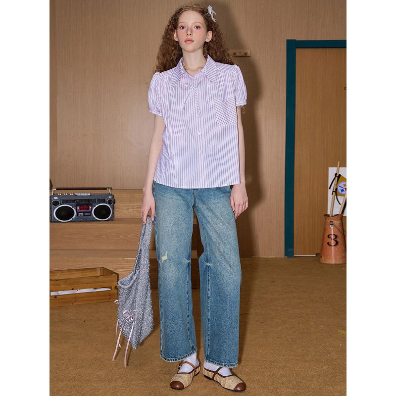 Coolhut Striped Puff Sleeve Preppy Style Loose Sweet 2025 Summer Women's Shirt Niche Short-Sleeve Design