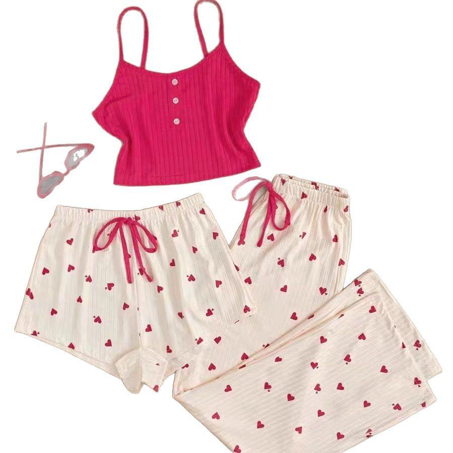Sweet Girly Three-Piece Women's Pajama Set: Vest & Long Pants for Spring/Summer