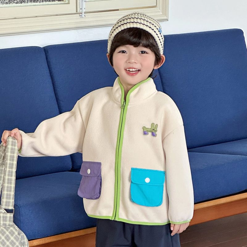 Boys Fleece Stand-Up Collar Jacket Spring and Autumn Children s Clothing Kids Autumn Zipper Top Baby Warm Fleece Clothes Beige 140
