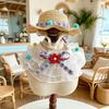 1 Set Cute Flower Cat Outfit Straw Sun Hat And Lace Ruffled Cat Bandana Bib Sweet Pet Accessory with Colorful Pom-Poms for Cats Dogs Photos Parties