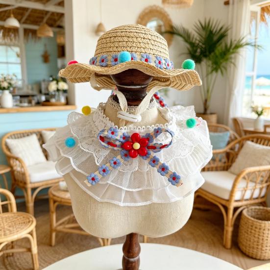 1 Set Cute Flower Cat Outfit Straw Sun Hat And Lace Ruffled Cat Bandana Bib Sweet Pet Accessory with Colorful Pom-Poms for Cats Dogs Photos Parties