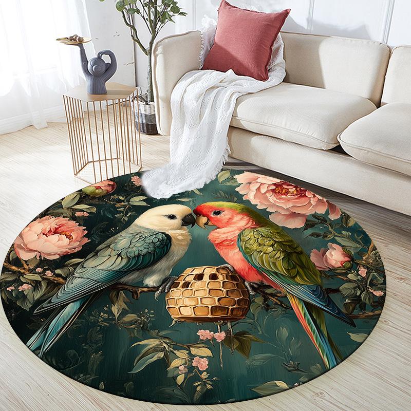 Flower Parrot,Round Area Rug,Carpet Rug for Living Room Bedroom Sofa Playroom Decor,Non-slip Floor Mat