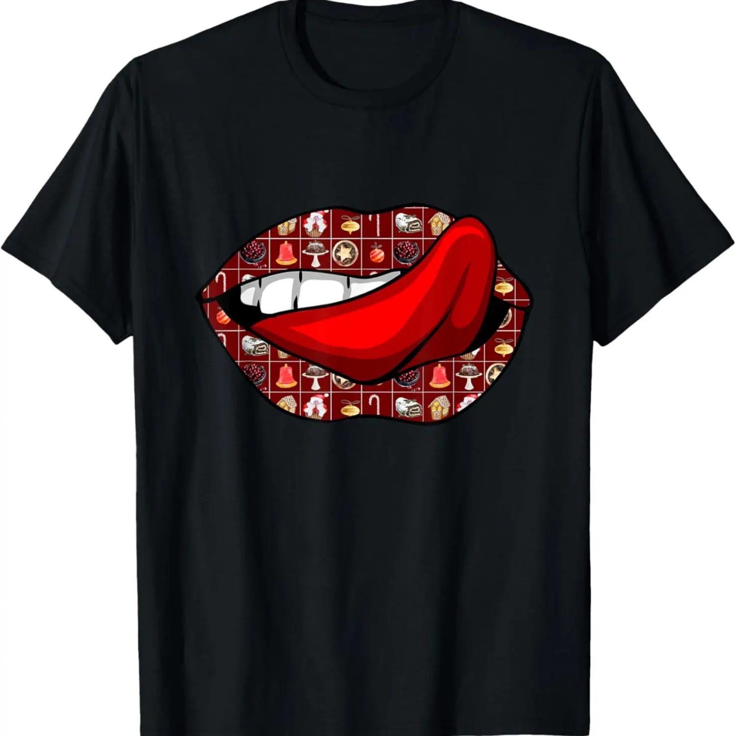 CHRISTMAS MOUTH PATTERN ON LIPS WITH RED TONGUE T-Shirt XXXXXL чёрный