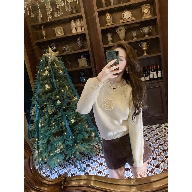 Women s Sweet Korean Style Camellia Knit Sweater L