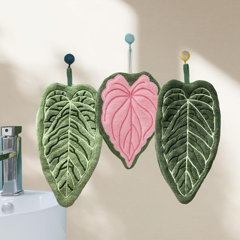 1Pc Coral Velvet Hand Towel, Plant Leaf Shape, Can Be Hung for Convenient Use,Superabsorbent,Kitchen and Bathroom Hand Towel