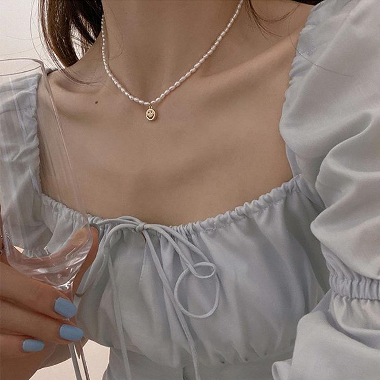Women's Fairy Pearl Heart Pendant Necklace - Cool Choker Style with Smiley Face and Acacia Bean Clavicle Chain