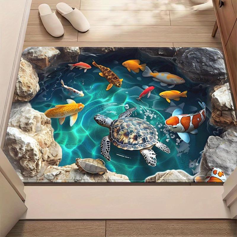 1pc Illusion Turtles and Fish In The Pond Door Mat, Non-Slip Bathroom Floor Mat, Polyester Mat for Bedroom, Living Room Entrance