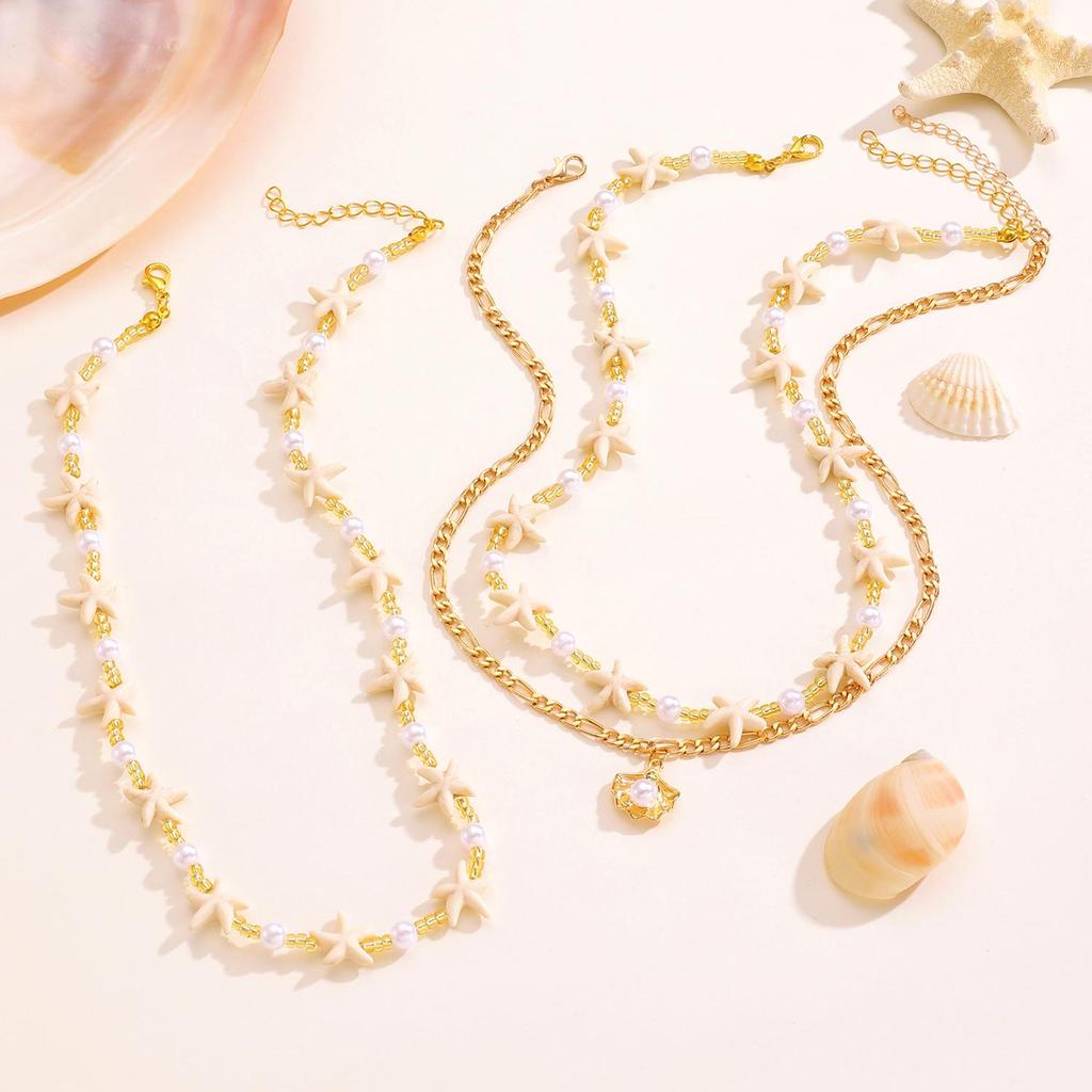 Colar Boêmio de Estrela-do-Mar: Pingente Feito à Mão com Pérolas e Conchas para Mulheres