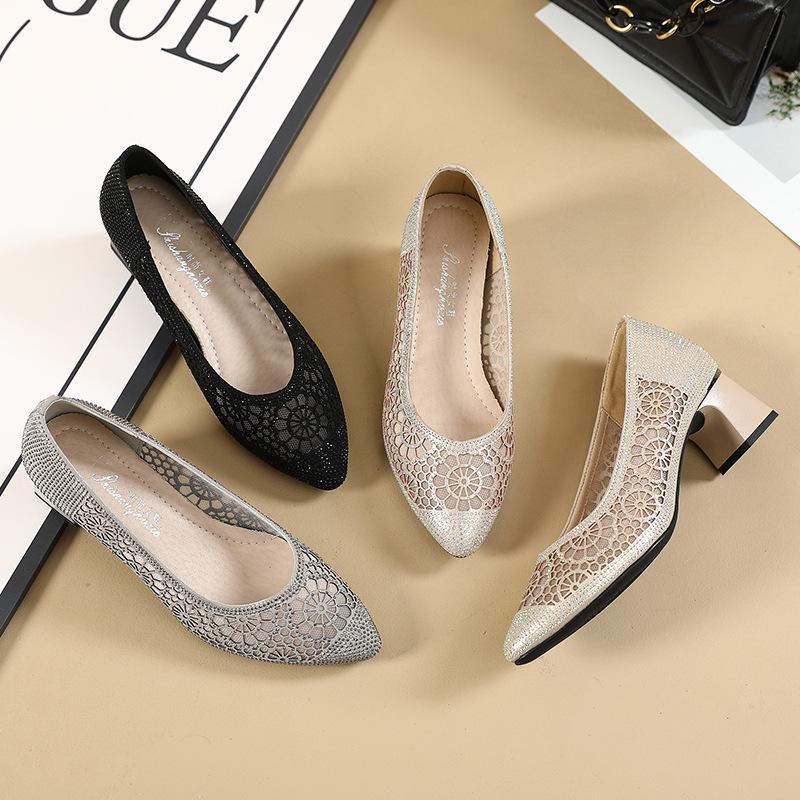 Fashion GKTINOO Lace Sexy Pointed Toe Women Shoes Summer 2025 Designer Mid Heels Shallow Mature Dress Woman Shoes Pumps Mujer Zapatos