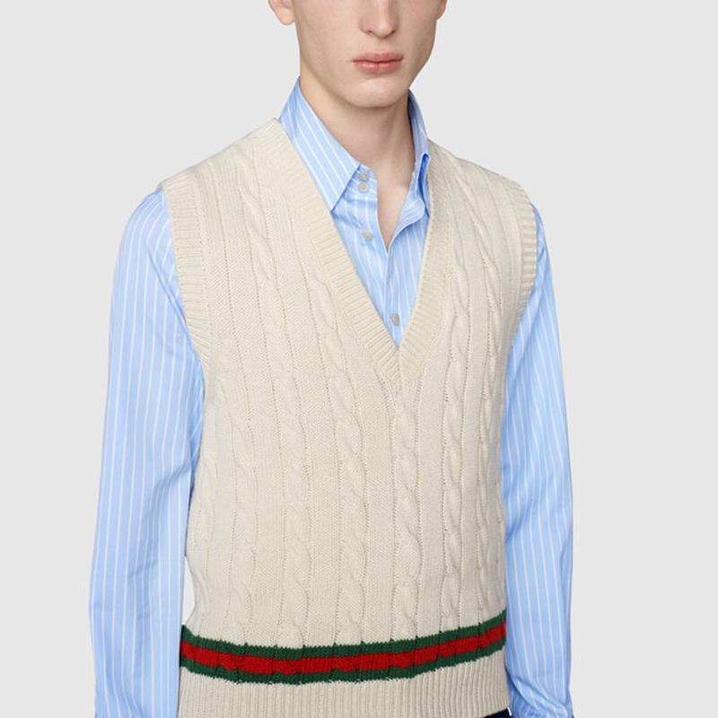Gucci Vests Men's Ecru V-neck Moderate Knitted Fabric 681081-XKB2N-9275