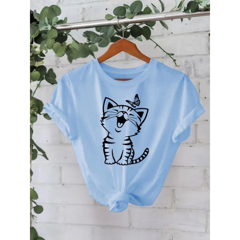 Cotton T-shirt Summer Short Sleeve Round Neck Cat Pattern Printed T-Shirts Women’s