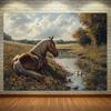 Cloth Background with Brown Horse Resting by the River with Ducks and Wild Flowers for Use in a Photographic Studio