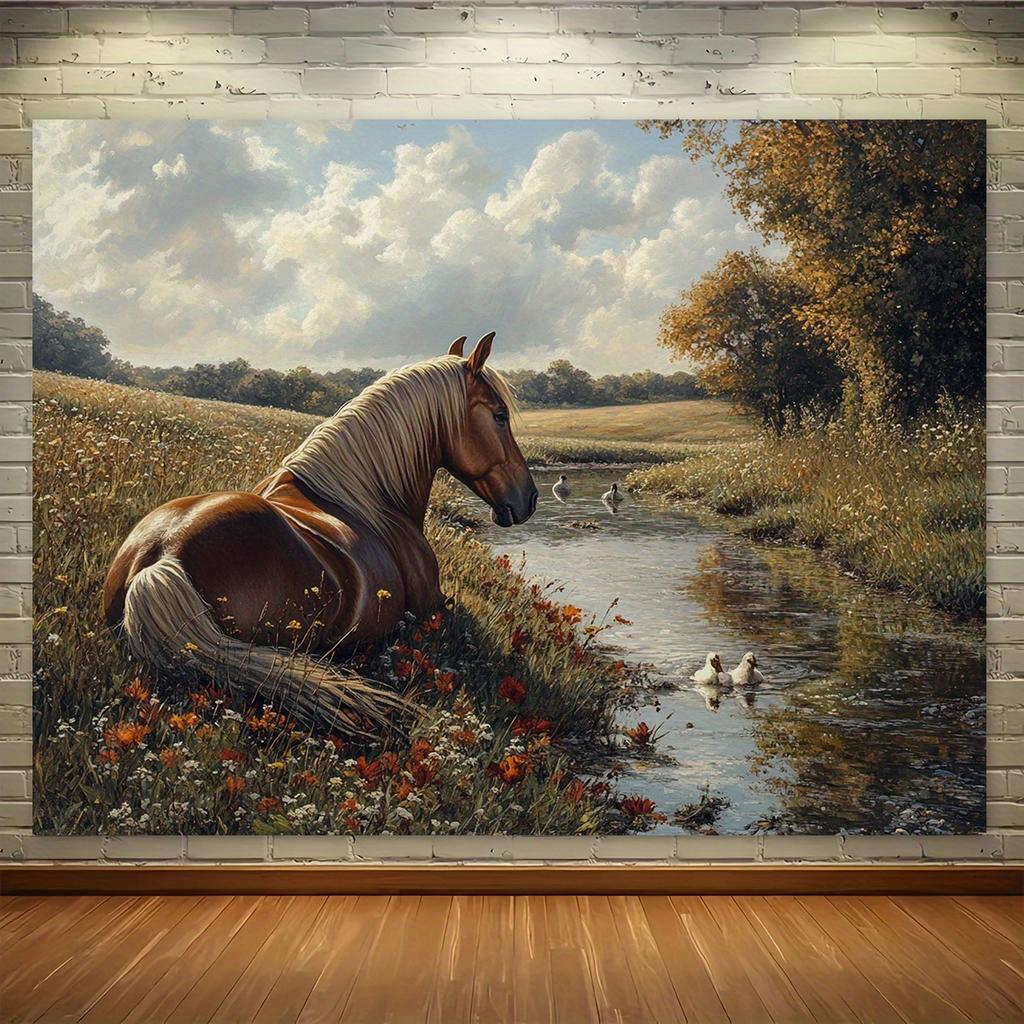 Cloth Background with Brown Horse Resting by the River with Ducks and Wild Flowers for Use in a Photographic Studio