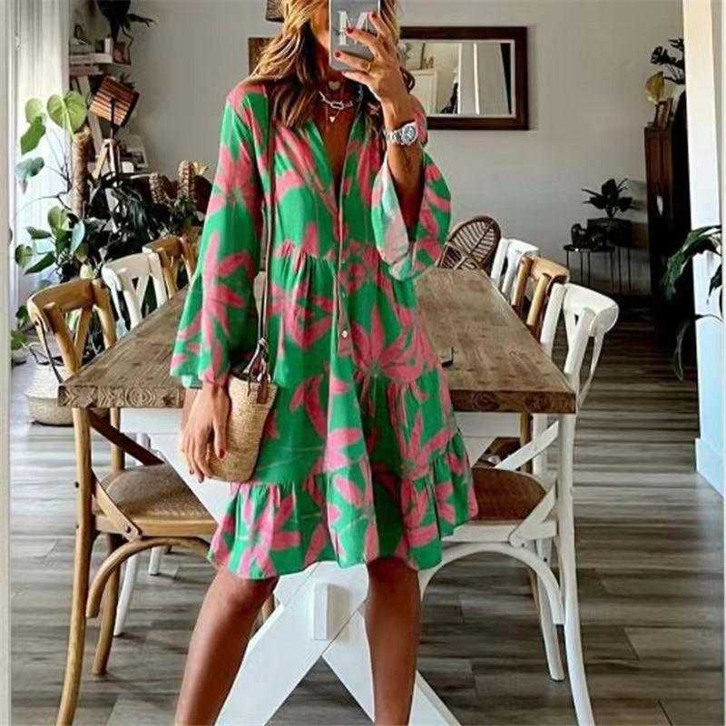 

Dress Fashion Horn Dress Long Sleeve Shirt Green 2XL