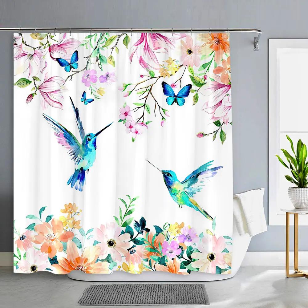 Spring Floral Hummingbird Shower Curtain for Bathroom Watercolor Flower Bird Modern Decor Machine Shower Curtains Bathroom Decor