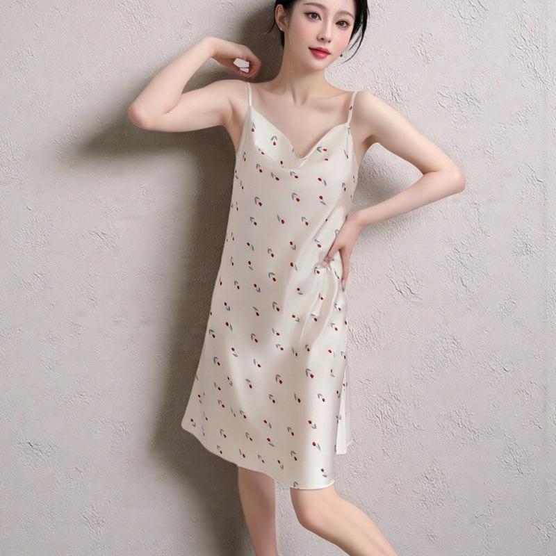 Ice and snow pajamas spring and summer women's sexy suspender vest nightdress thin swing neck print