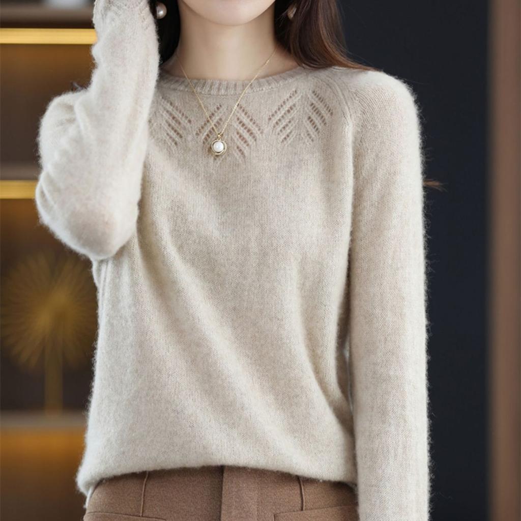 Sleeved Round Neck Sweater with Shoulder Sleeves Women's Autumn and Winter Loose Hollow Pullover Fashionable and Versatile Knit Sweater