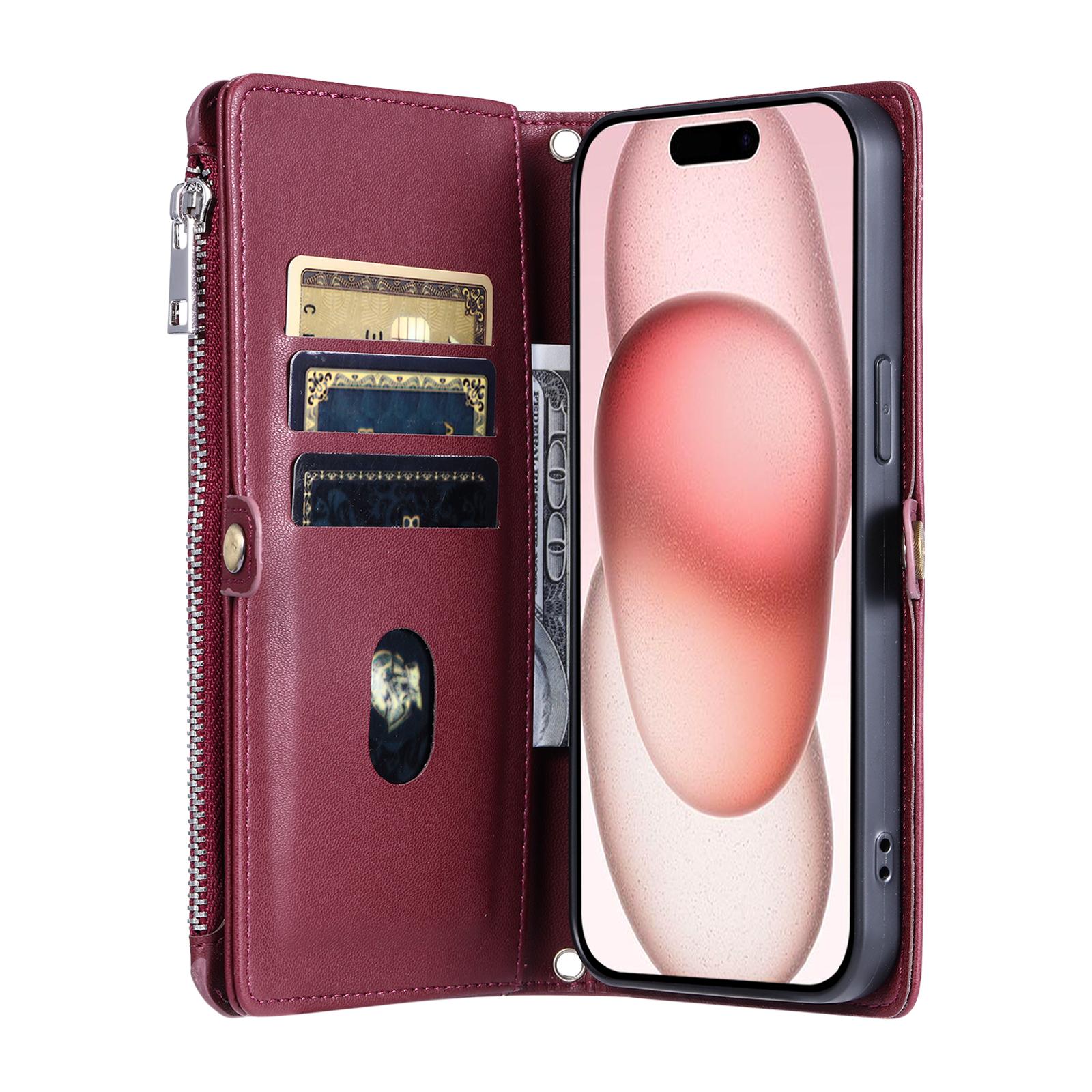 

015 Style For iPhone 15 Leather Case Zipper Pocket Shockproof Phone Cover Wine Red