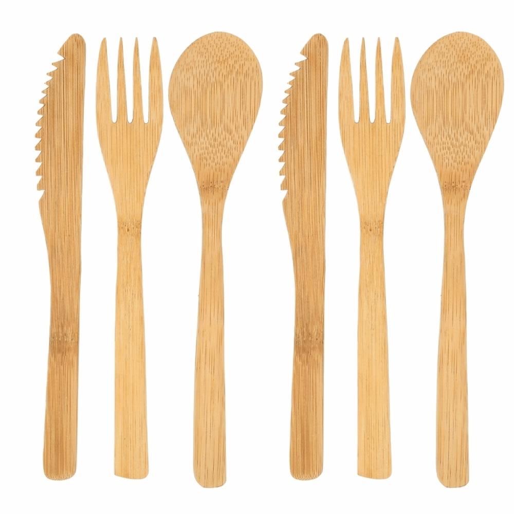 6Pcs Smooth Sanded Fork Spoon Kit Bamboos Dining Utensil Lightweight Eating Set Household