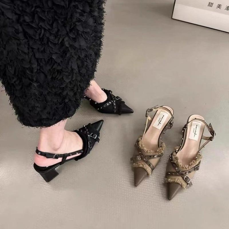 New Style Sexy Fashionable T-Strap Ladies Heels Shoes Female Slides Pointed Toe Mules Rivet Women Thin High Heels Shoes Footwear