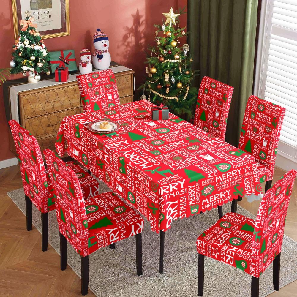 Christmas Printed Tablecloth Stretch Chair Covers Waterproof Dustproof Dining Set for Home Holiday Decor