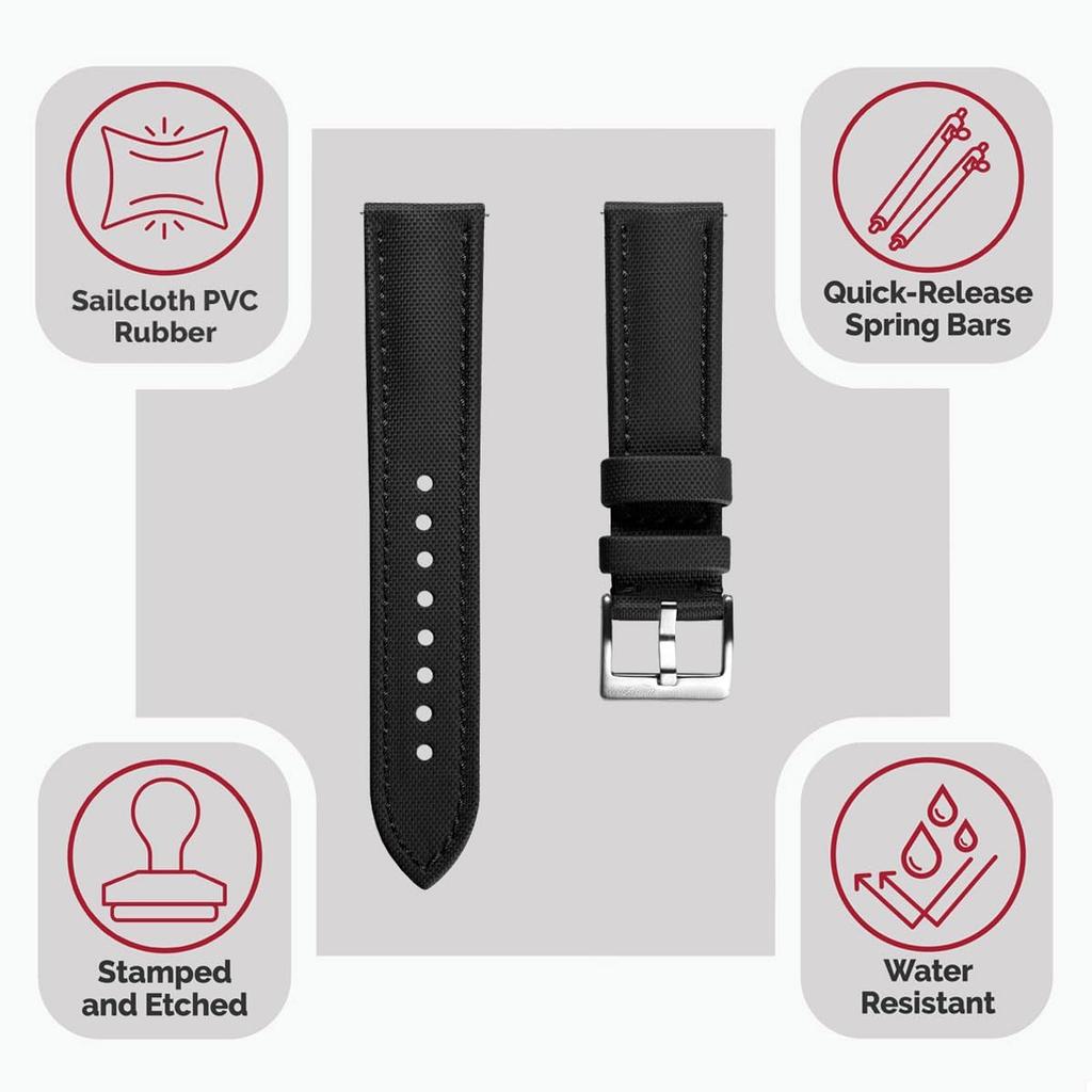 WatchGecko Atlas Sailcloth Waterproof Watch Strap Stainless Steel Buckle Durable and Comfortable Black - - - 22mm,