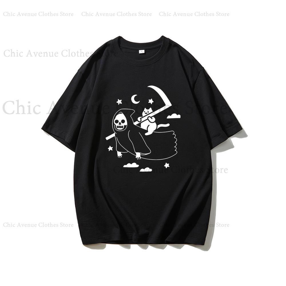 Funny Print REAPER LOVES CATS Cotton Tshirt for Halloween Short Sleeve Tee Summer Tops Women Unisex Tshirt Unisexs Tshirts