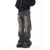 Vintage Opotřebované Americké Bootcut Džíny High Street Široké Džínové Kalhoty Pánské Oblečení Móda Záhyby Volné Cargo Kalhoty Nové