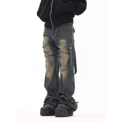 Vintage Φθαρμένο Αμερικάνικο Bootcut Τζιν High Street Φαρδύ Πόδι Τζιν Παντελόνι Ανδρικά Ρούχα Μόδα Πτυχές Φαρδύ Καρго Παντελόνι Νέο