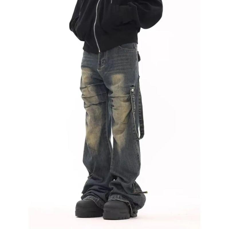 

Вінтажні потерті американські джинси Bootcut Модний широкий кльош Денім Штани Чоловічий одяг Мода Складки Вільні Карго Штани Нові S синій