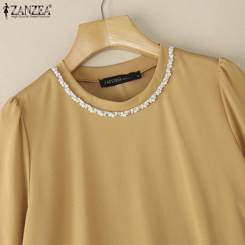 ZANZEA Bluză casual de vară pentru femei, cu gât rotund, mânecă scurtă, cu aplicații