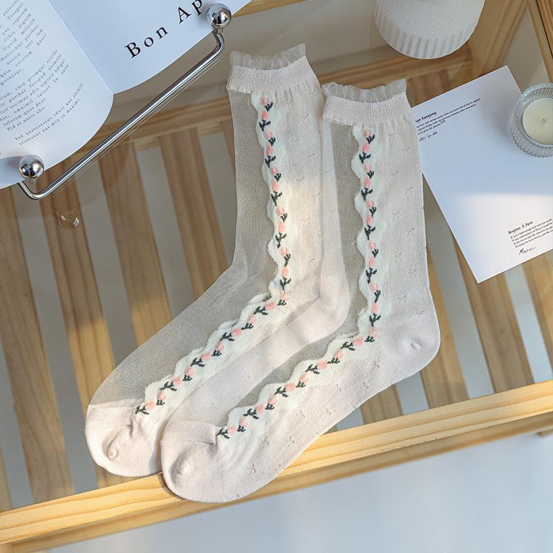 Spring/Summer Ultra Thin Vintage Crystal Silk Stockings for Women Socks for Women Mid-tube Stockings Breathable Cotton Sole Glass Silk Stockings
