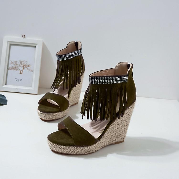 European and American Foreign Trade Sexy Rhinestone Fringed Fashion Slope Heel Sandals Women's Thin Heel Hollow Roman Shoes Large Size Women's Shoes