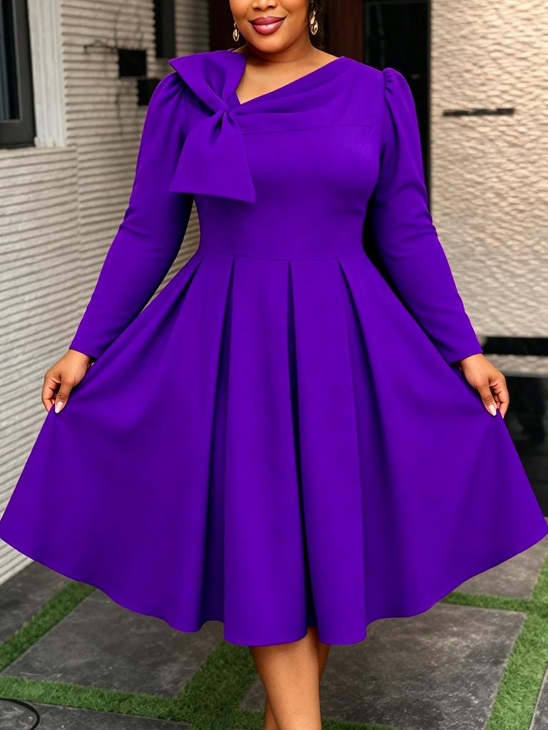 AOMEI Fuchsia Midi Dresses for Women Slant Neck Long Sleeve Lovely Bowtie Cocktail Wedding Gust Gowns
