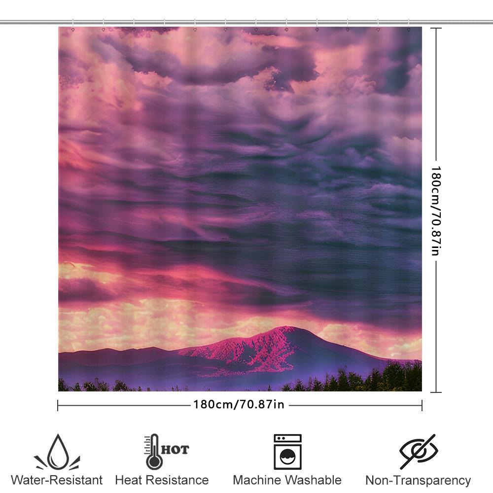 Lila Wolken Duschvorhang Wasserfall-Druck Badezimmer-Dekoration Für Kinderzimmer Rosa Himmel Berge Design, Wasserdichtes Gewebe Größe 180X