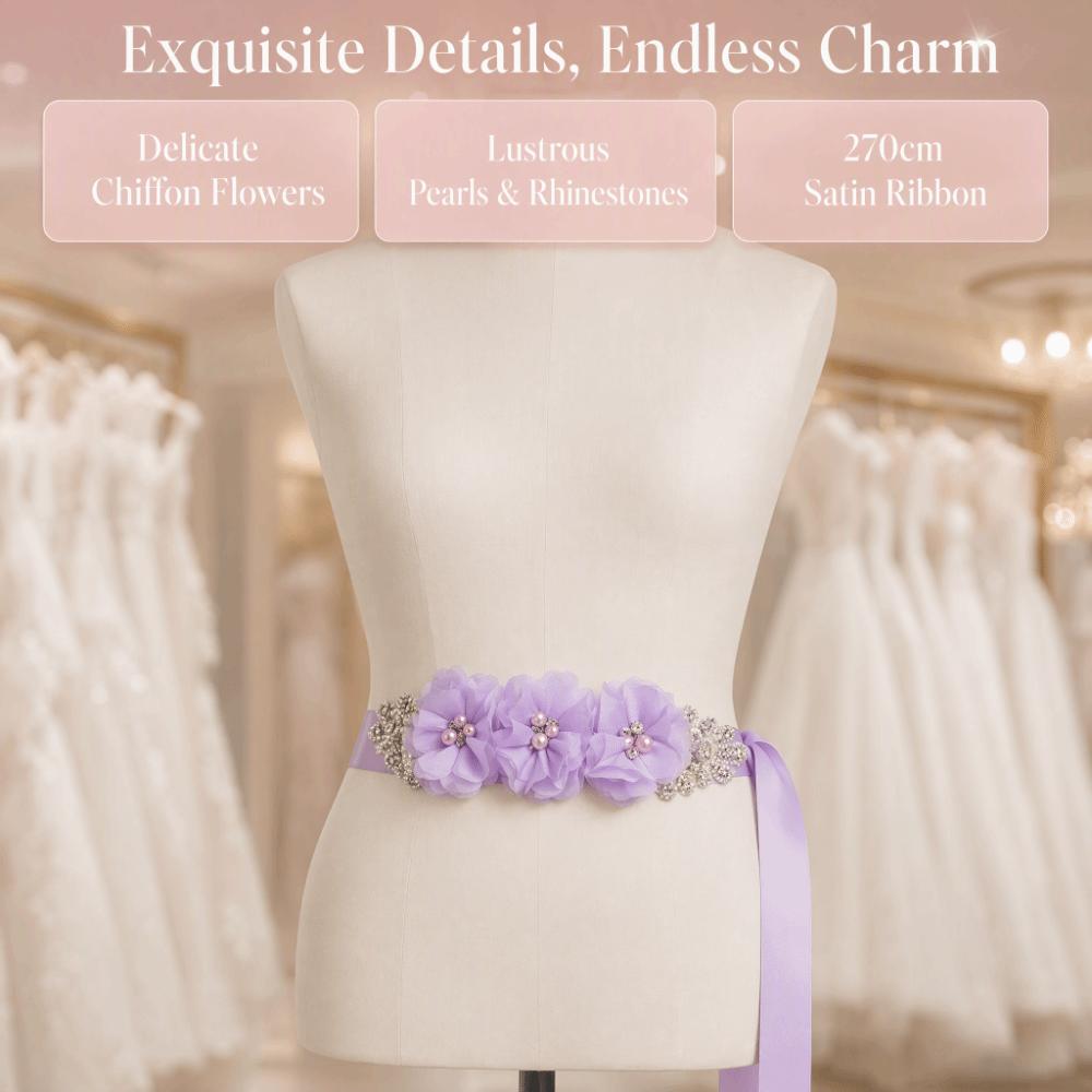 Pearl Embellishment Flower Sash Belt Handmade Beading Rhinestone Waist Band Party Dress Up