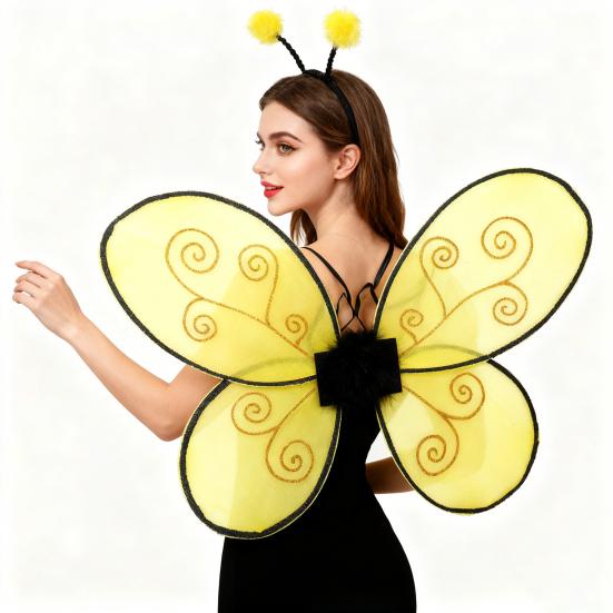 Halloween Bee Wing for Kids Boys Girls Yellow Mesh Wing Costume Animal Cosplay Headband for Fantasy Party Accessories