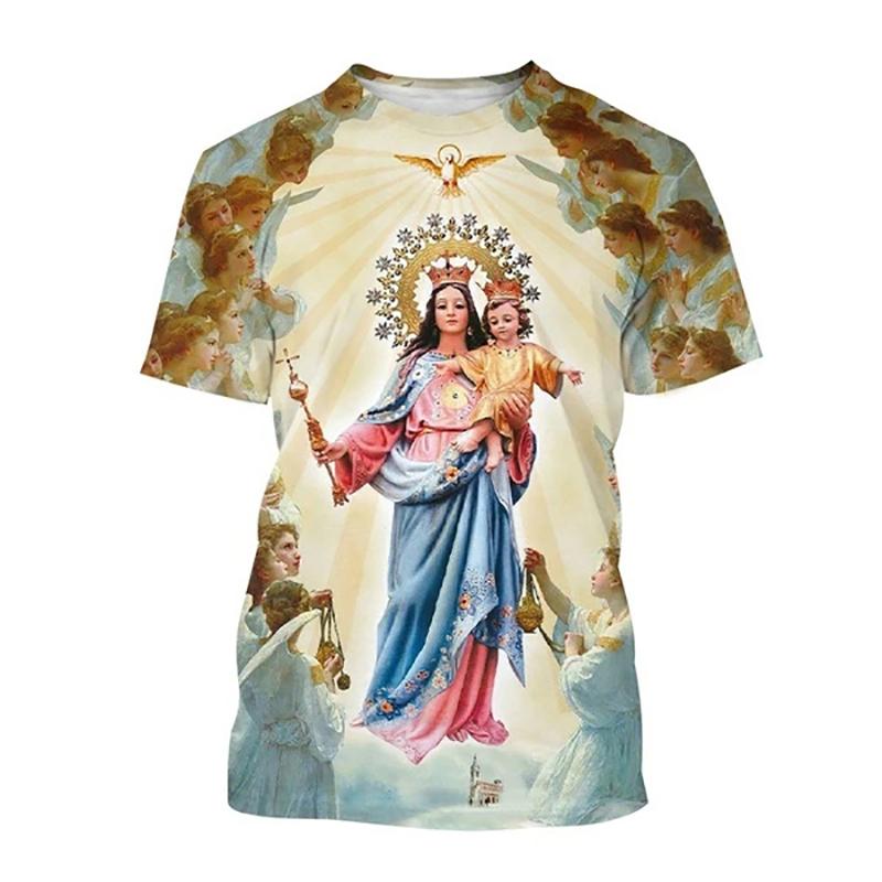 Camiseta 2025 Nuevo Verano Virgen María Estampado 3D Hombres Mujeres Cuello Redondo Manga Corta Camisetas Ropa Urbana Harajuku Camisetas Tops para Niños