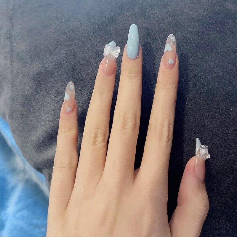 Falsche Nägel mit Schmetterlingsmotiv, Perlenschleife, lange französische künstliche Nägel mit Kleber, vollständige Nagelspitzen für Mädchen, Maniküre, Nagelkunst-Dekoration