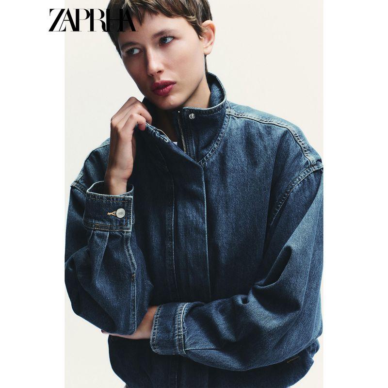 Zaprha 2025 Autumn New Women Fashion Stand Collar Long sleeve Drop Shoulder Denim jacket All-Match Outerwear 1300070